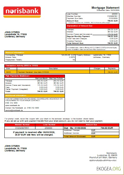 Allemagne Relevé hypothécaire de la banque Norisbank scr